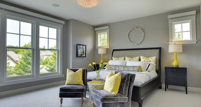 large grey painted bedroom