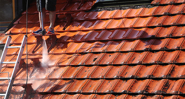 legs and ladder pressure washing roof