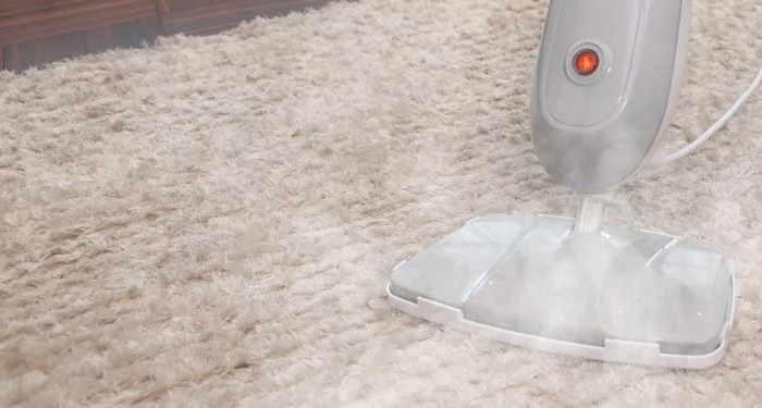 White carpet steamer on cream carpet