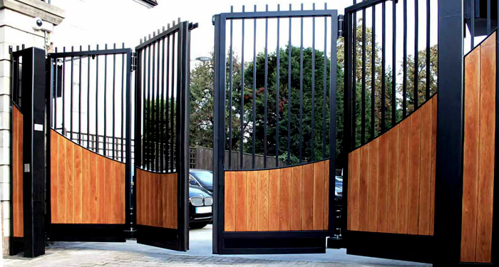 Wood and black metal bi fold gate