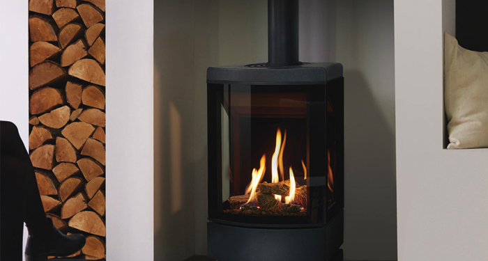 black fireplace with flue