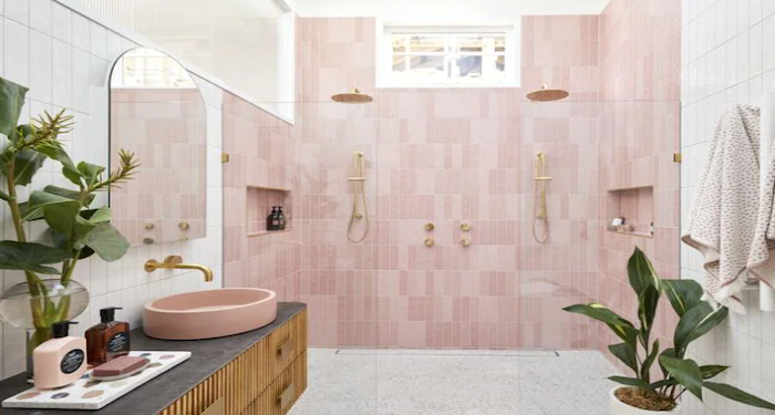 Pink tiled shower