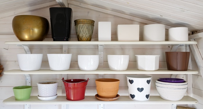 Shelves with pots on