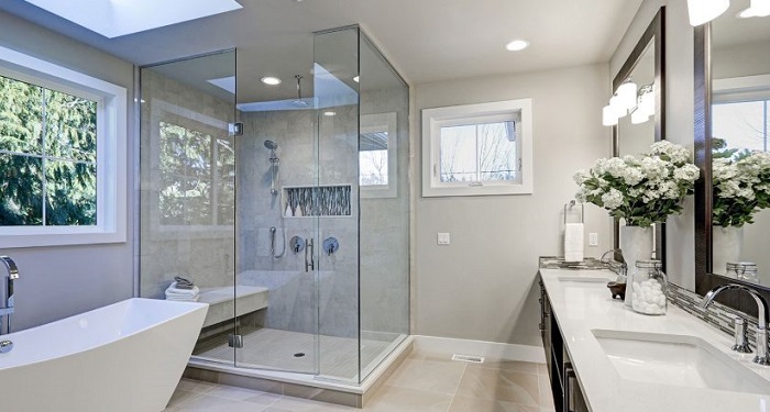 large walk-in shower in bathroom