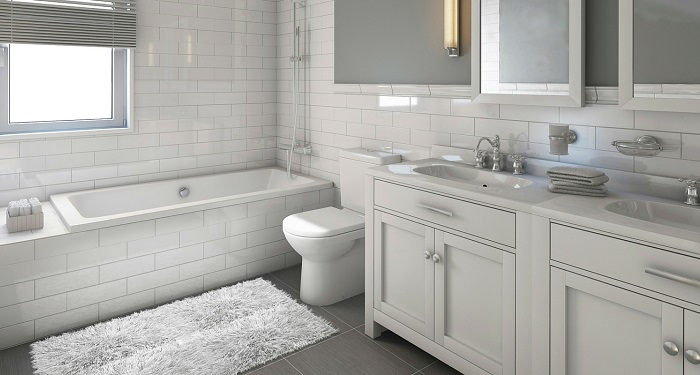 white tiled bath with double sink