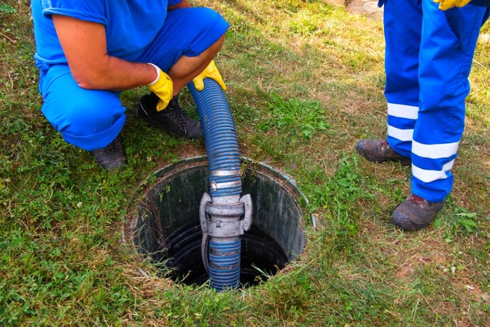 Tradespeople installing septic tank